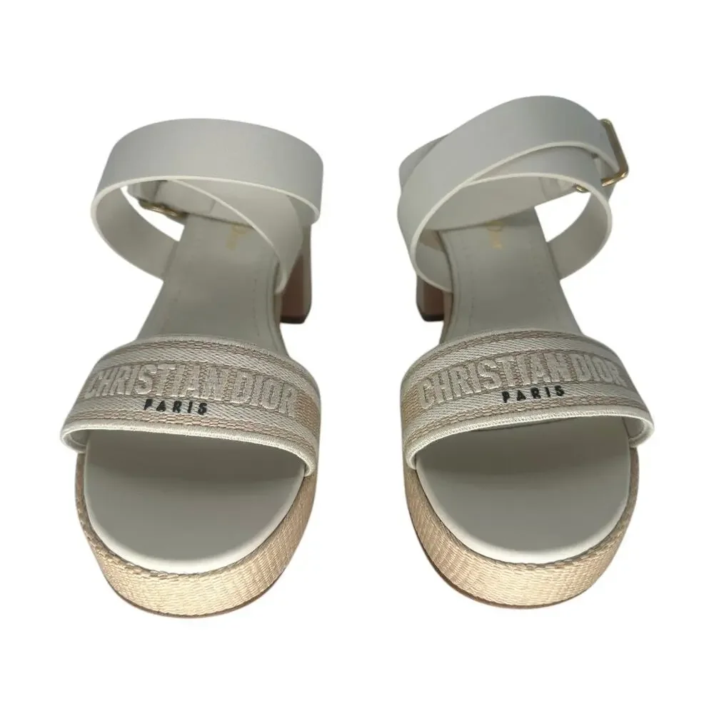 Christian Dior Leather Raffia Dway Embroidered Logo Platfrorm Sandals Beige 37